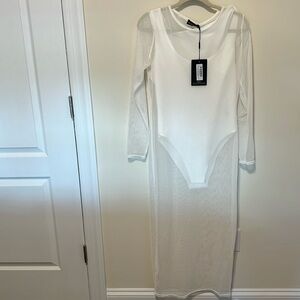 PrettyLittleThing Women’s White 2-in-1 Mesh Midi Dress wBodysuit / Size 10